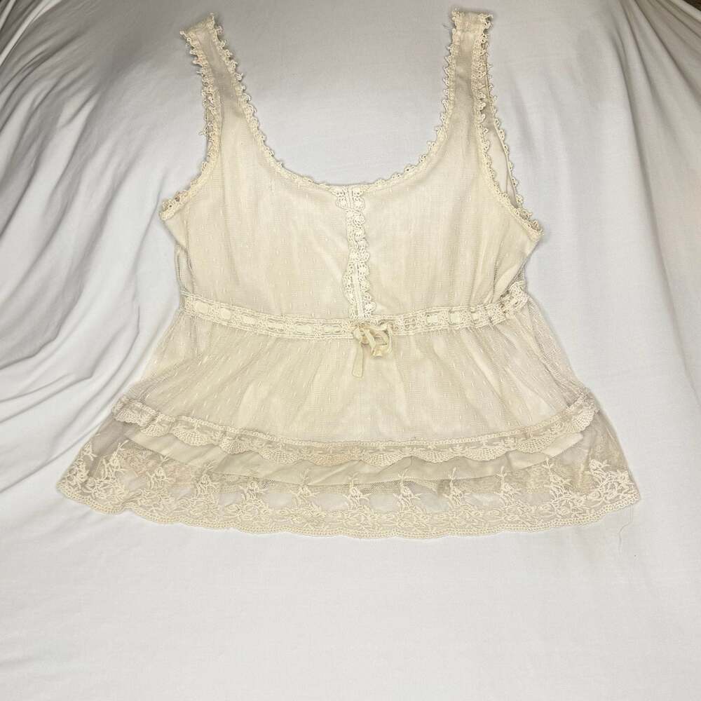 Forever 21 Cream Sheer Swiss Dot Mesh Lace Cami Top M Ruffle Peplum Coquette